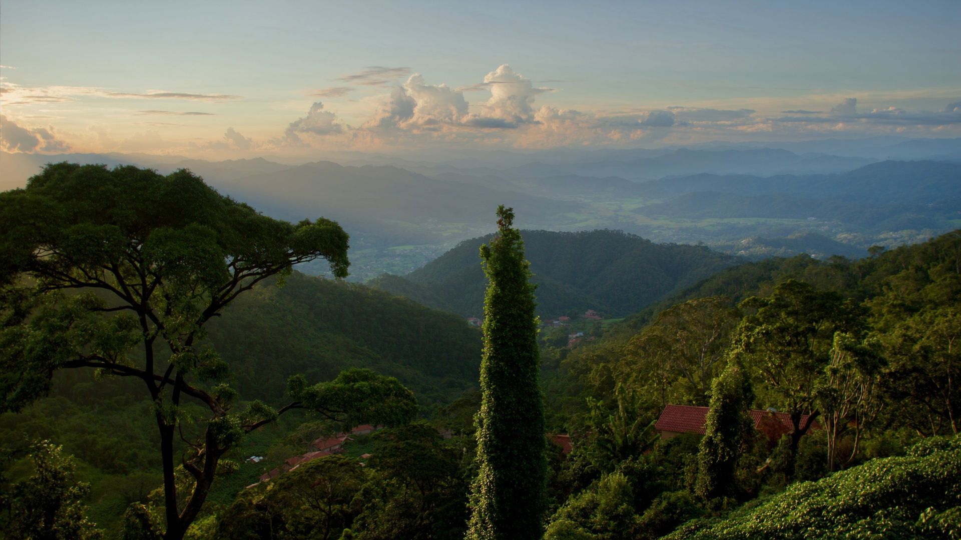 Atardecer sobre el Valle Central de Costa Rica: montañas en capas, verde intenso en primer plano y techos de teja al fondo